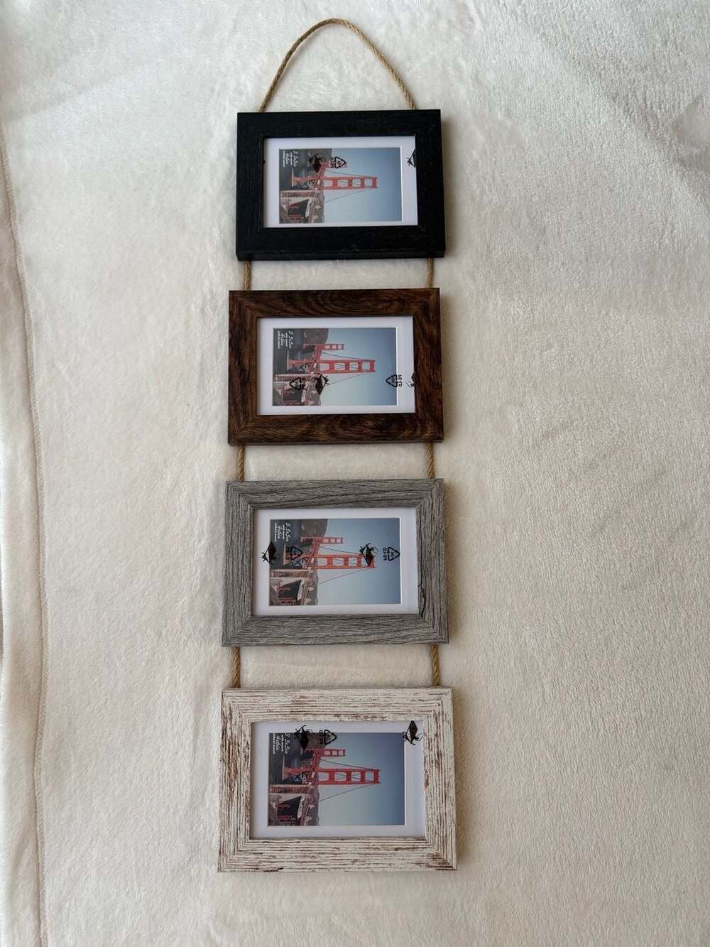 Hanging Picture Frame Set of 4 Assorted Finishes on Jute Rope